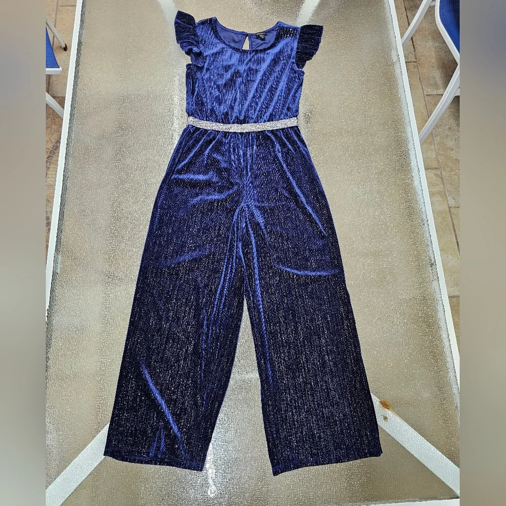 Zunie Girls Jumpsuit Blue Velvet Sparkle Ruffle Sleeve Holiday Party Outfit 10 - Picture 2 of 9